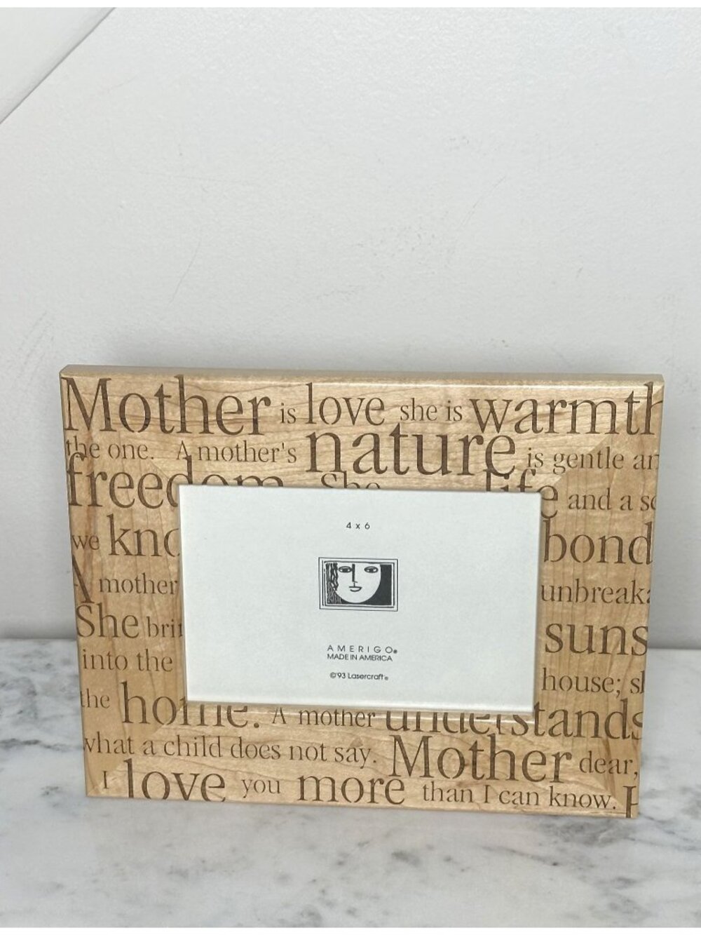 Vintage Lasercraft Mother Picture Frame 4x6 Wood Engraved Quote Amerigo USA